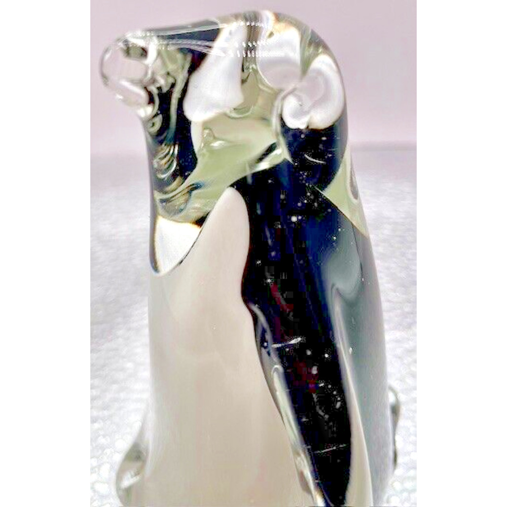 Murano Style Art Glass Penguin 4.25” X 3.5" Clear, Black & White - Picture 5 of 8